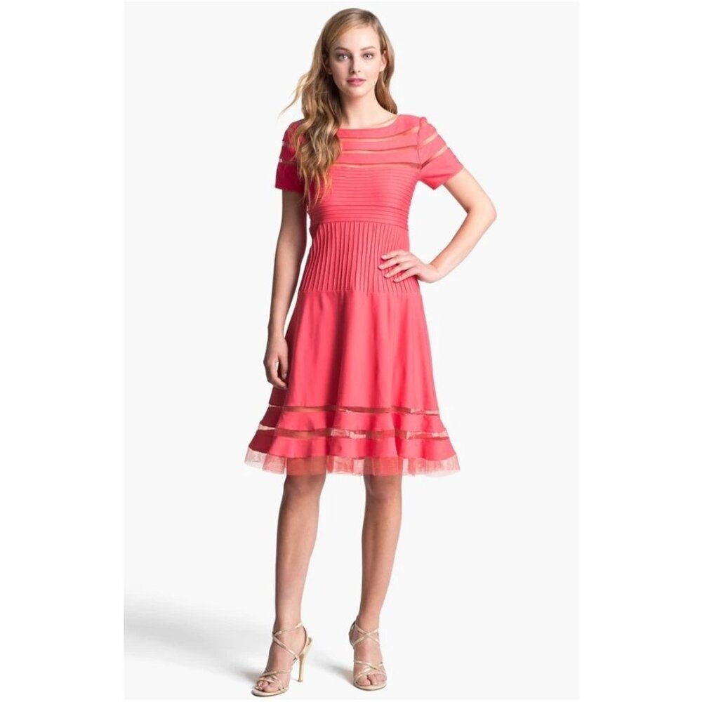NWT TADASHI SHOJI Pink Pintuck Cutout Scuba Mesh Fit & Flare Midi Dress | Size S
